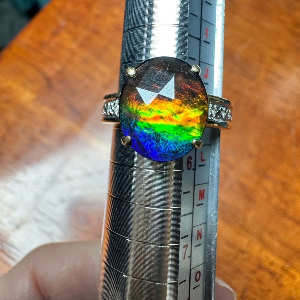 Vibrant Ammolite and Diamond Korite 5.25 Ring with 18k Gold Setting